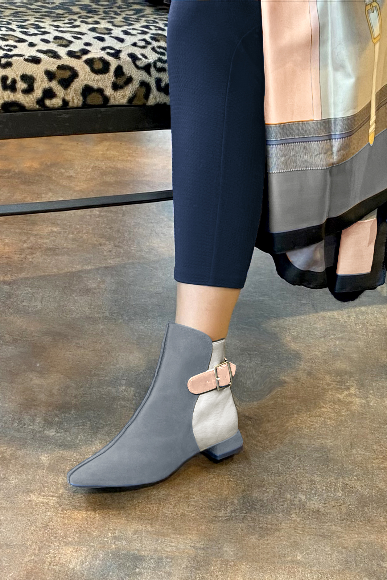 Mouse grey, light silver and powder pink women's ankle boots with buckles at the back. Square toe. Flat flare heels. Worn view - Florence KOOIJMAN